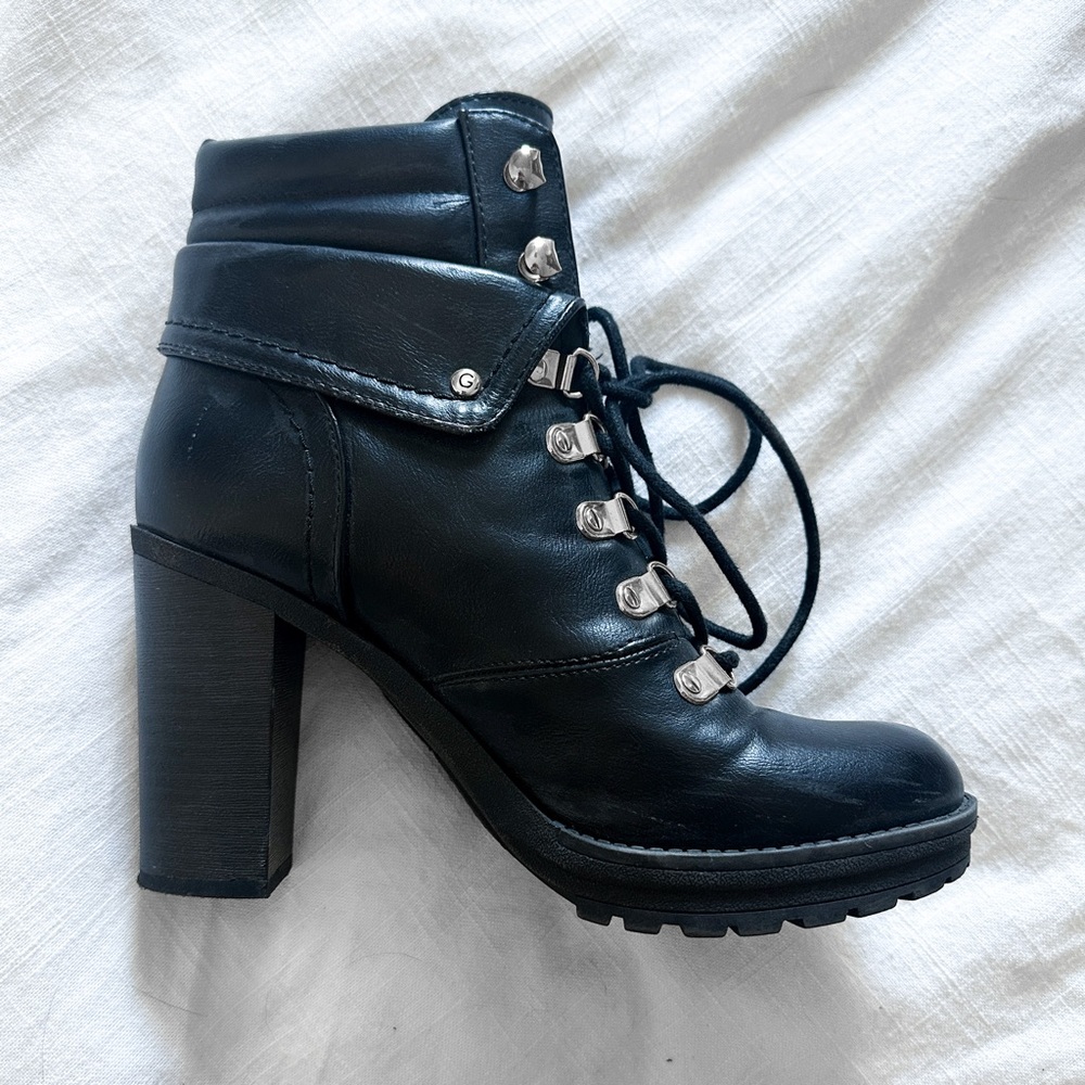 G by Guess Lace Up Ankle Combat Booties with High Heel in Black Womens Boots